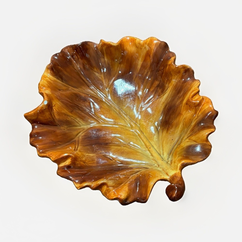 Brown Tan Leaf-Shaped Glossy Ceramic Decorative Plate, 12 in Diameter